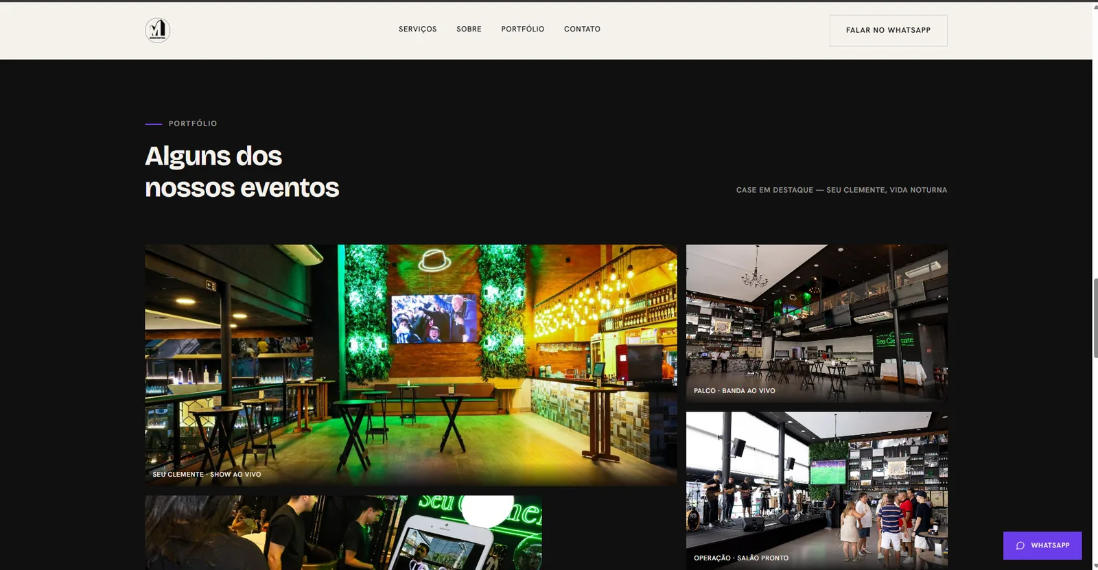 Seção de portfólio do site da MM Produções e Eventos, com fotos de eventos em grid