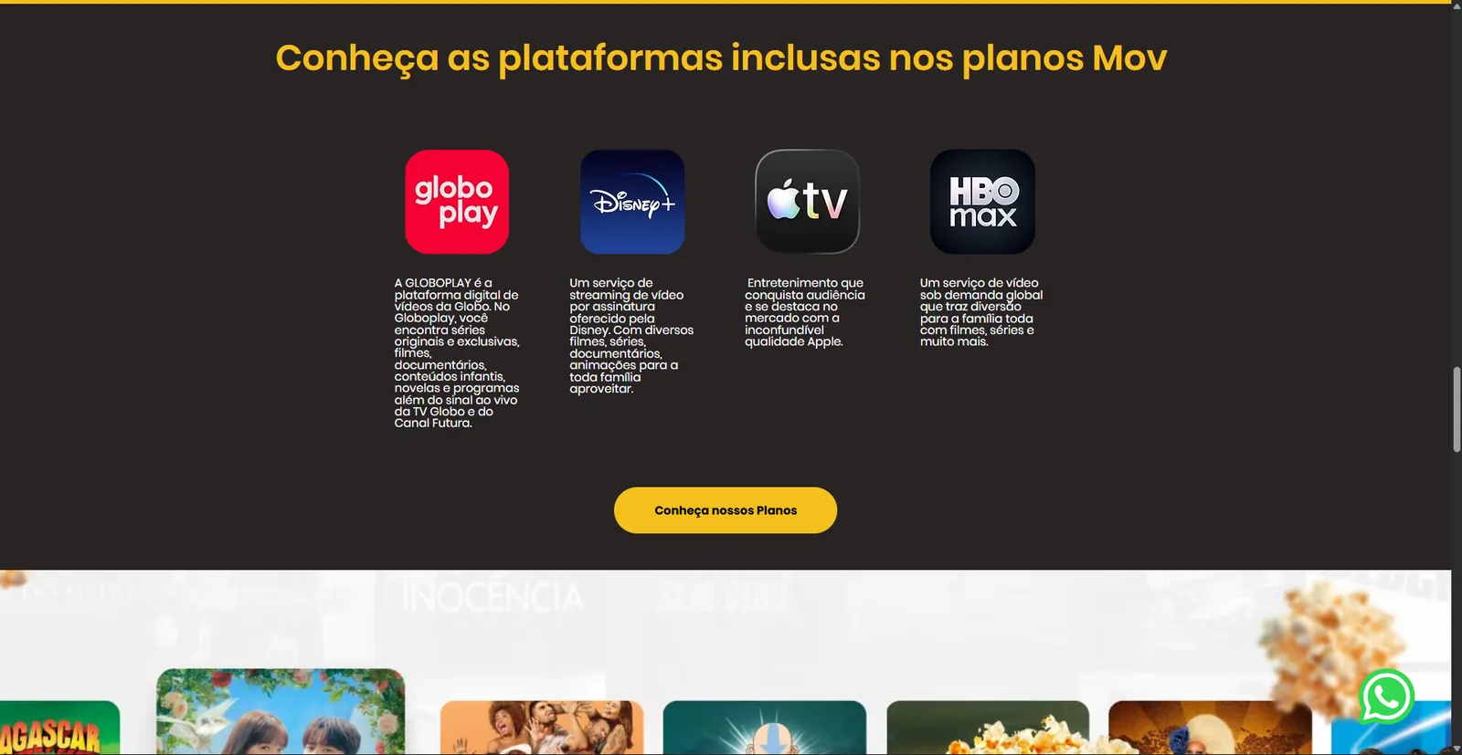 Seção Conheça as plataformas inclusas nos planos Mov, com quatro plataformas de streaming