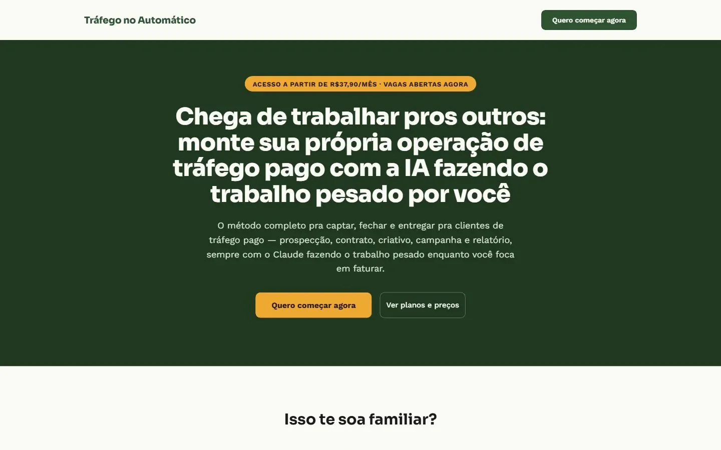 Antes: primeira dobra anterior da landing page, com fundo verde e título centralizado